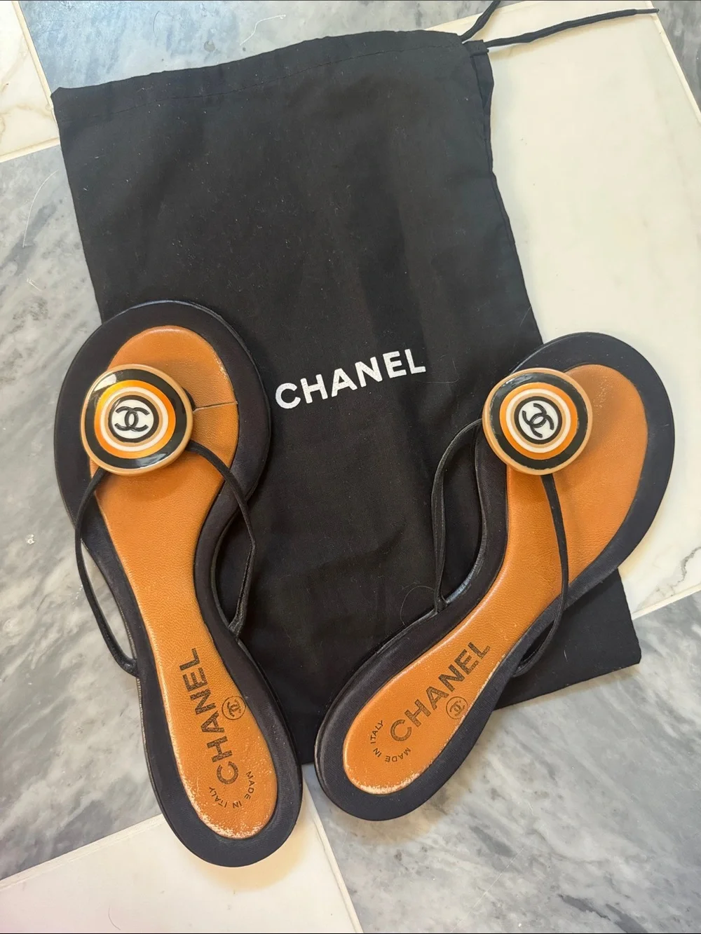 CHANEL Black and Brown Logo Round-Toe Thong Sandals